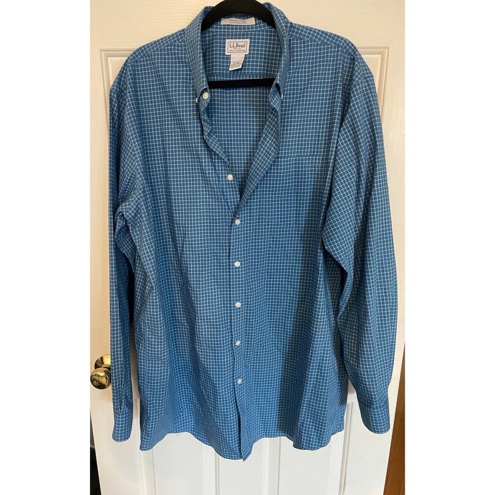 L.L.Bean All Cotton Mens XL Tall Shirt Button Down Blue/White Checker LongSleeve